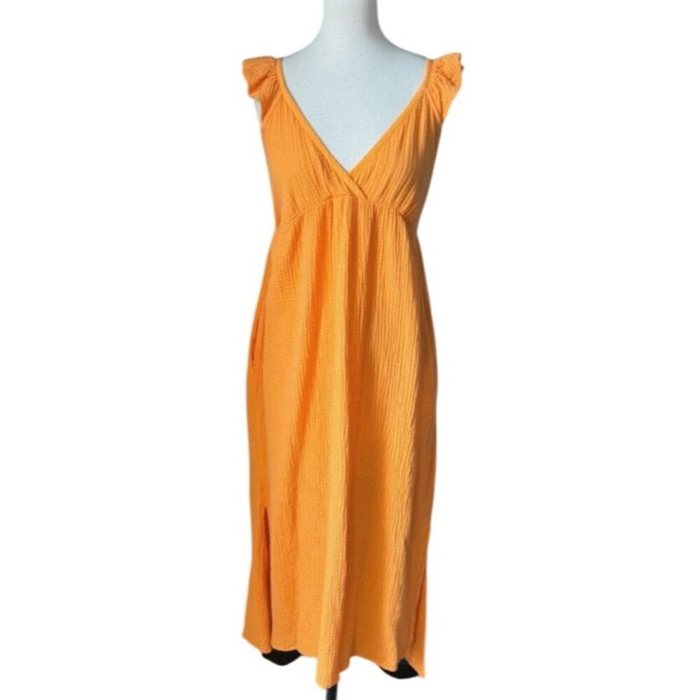 Magaschoni 100% Organic Cotton Women's Orange  Gauze Flutter Strap Maxi Dress M